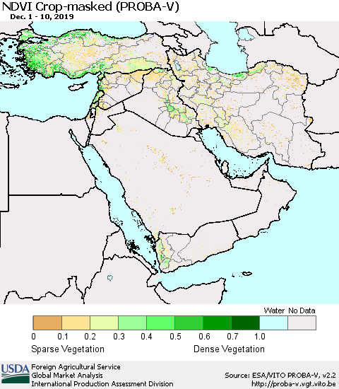 Middle East and Turkey NDVI Crop-masked (PROBA-V) Thematic Map For 12/1/2019 - 12/10/2019
