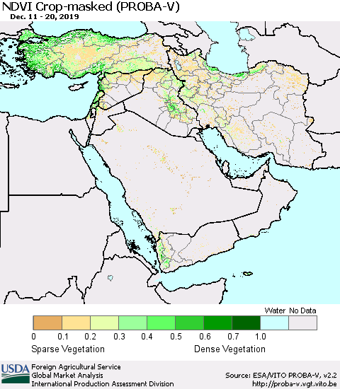 Middle East and Turkey NDVI Crop-masked (PROBA-V) Thematic Map For 12/11/2019 - 12/20/2019