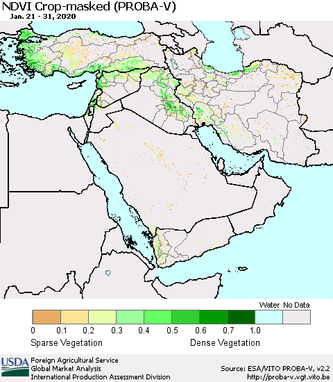Middle East and Turkey NDVI Crop-masked (PROBA-V) Thematic Map For 1/21/2020 - 1/31/2020