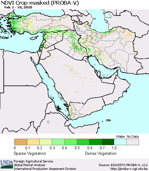 Middle East and Turkey NDVI Crop-masked (PROBA-V) Thematic Map For 2/1/2020 - 2/10/2020