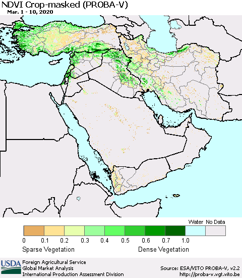 Middle East and Turkey NDVI Crop-masked (PROBA-V) Thematic Map For 3/1/2020 - 3/10/2020