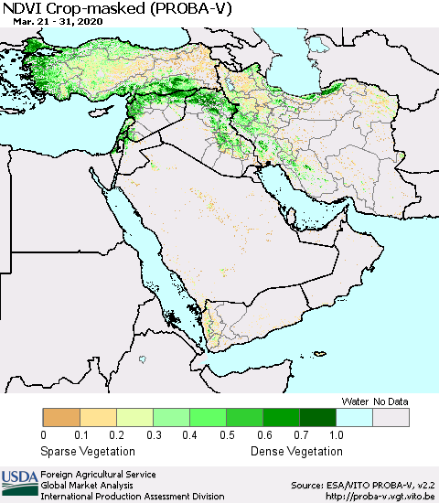 Middle East and Turkey NDVI Crop-masked (PROBA-V) Thematic Map For 3/21/2020 - 3/31/2020