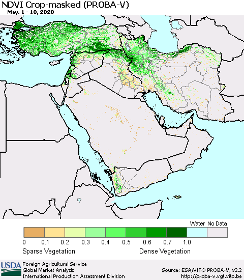 Middle East and Turkey NDVI Crop-masked (PROBA-V) Thematic Map For 5/1/2020 - 5/10/2020