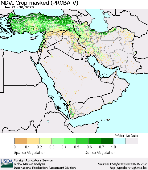 Middle East and Turkey NDVI Crop-masked (PROBA-V) Thematic Map For 6/21/2020 - 6/30/2020