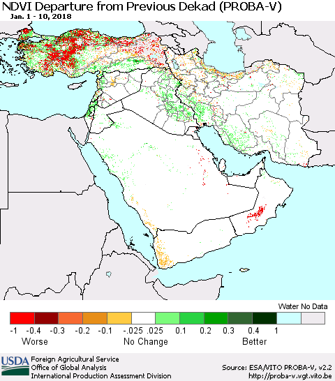 Middle East and Turkey NDVI Departure from Previous Dekad (PROBA-V) Thematic Map For 1/1/2018 - 1/10/2018