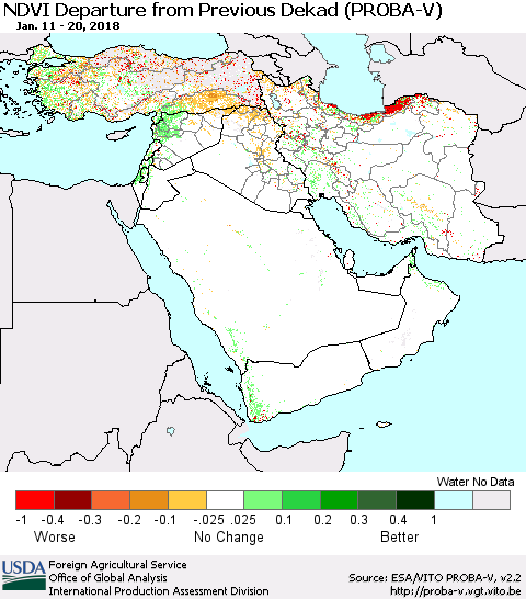 Middle East and Turkey NDVI Departure from Previous Dekad (PROBA-V) Thematic Map For 1/11/2018 - 1/20/2018
