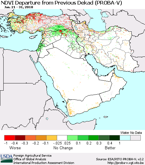 Middle East and Turkey NDVI Departure from Previous Dekad (PROBA-V) Thematic Map For 1/21/2018 - 1/31/2018