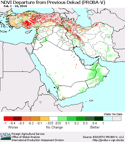 Middle East and Turkey NDVI Departure from Previous Dekad (PROBA-V) Thematic Map For 2/1/2018 - 2/10/2018