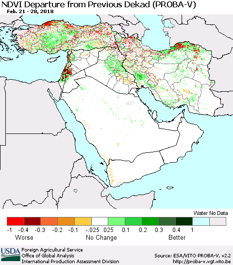 Middle East and Turkey NDVI Departure from Previous Dekad (PROBA-V) Thematic Map For 2/21/2018 - 2/28/2018
