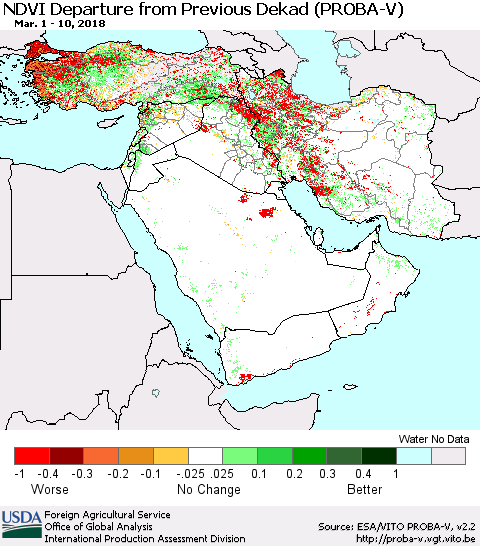Middle East and Turkey NDVI Departure from Previous Dekad (PROBA-V) Thematic Map For 3/1/2018 - 3/10/2018