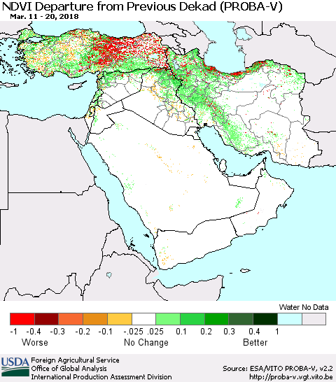 Middle East and Turkey NDVI Departure from Previous Dekad (PROBA-V) Thematic Map For 3/11/2018 - 3/20/2018