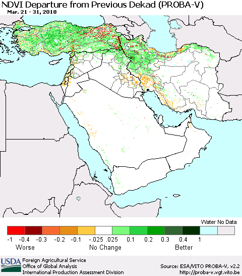 Middle East and Turkey NDVI Departure from Previous Dekad (PROBA-V) Thematic Map For 3/21/2018 - 3/31/2018