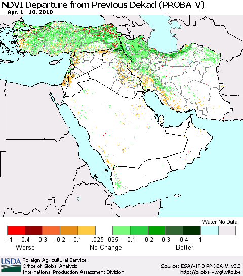 Middle East and Turkey NDVI Departure from Previous Dekad (PROBA-V) Thematic Map For 4/1/2018 - 4/10/2018