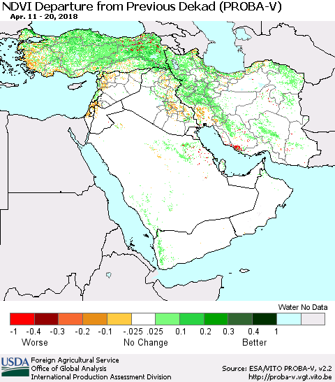 Middle East and Turkey NDVI Departure from Previous Dekad (PROBA-V) Thematic Map For 4/11/2018 - 4/20/2018