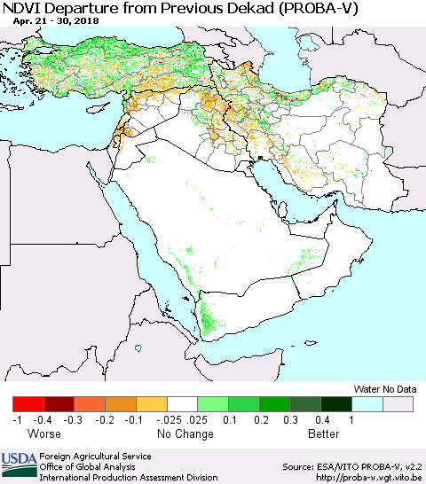 Middle East and Turkey NDVI Departure from Previous Dekad (PROBA-V) Thematic Map For 4/21/2018 - 4/30/2018