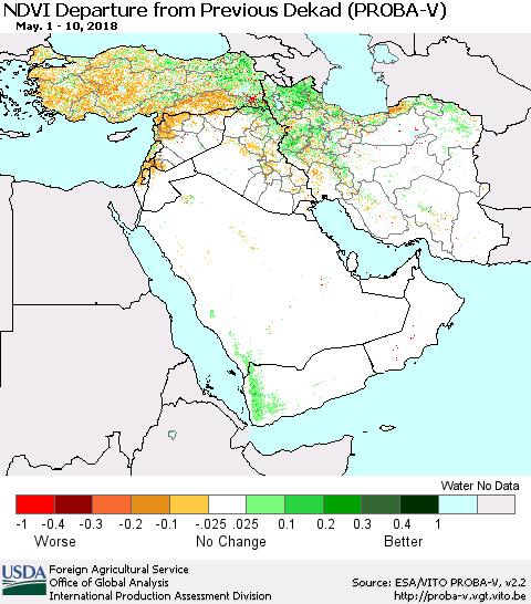 Middle East and Turkey NDVI Departure from Previous Dekad (PROBA-V) Thematic Map For 5/1/2018 - 5/10/2018