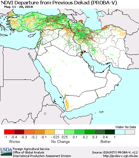 Middle East and Turkey NDVI Departure from Previous Dekad (PROBA-V) Thematic Map For 5/11/2018 - 5/20/2018