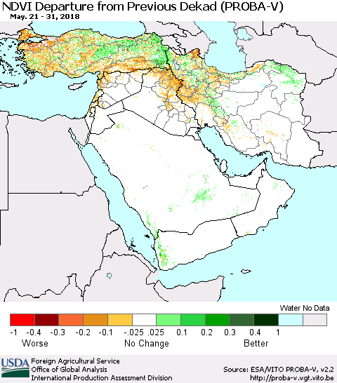 Middle East and Turkey NDVI Departure from Previous Dekad (PROBA-V) Thematic Map For 5/21/2018 - 5/31/2018