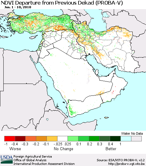 Middle East and Turkey NDVI Departure from Previous Dekad (PROBA-V) Thematic Map For 6/1/2018 - 6/10/2018