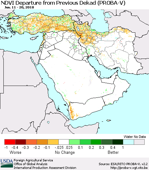 Middle East and Turkey NDVI Departure from Previous Dekad (PROBA-V) Thematic Map For 6/11/2018 - 6/20/2018