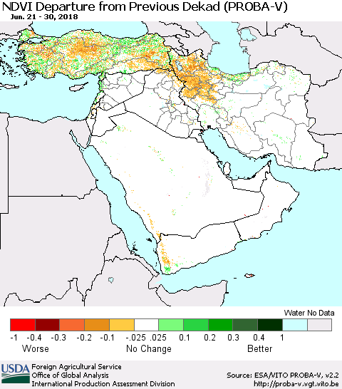 Middle East and Turkey NDVI Departure from Previous Dekad (PROBA-V) Thematic Map For 6/21/2018 - 6/30/2018