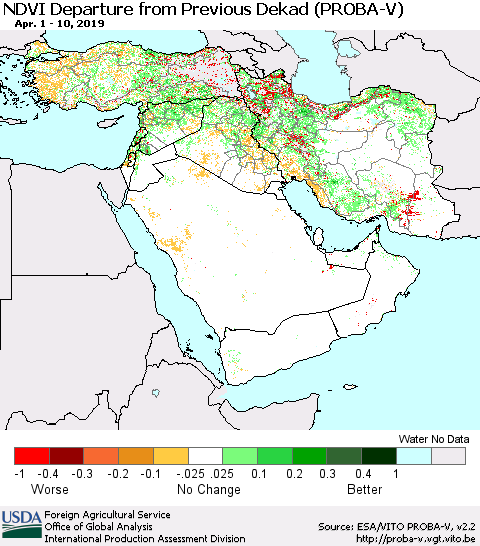 Middle East and Turkey NDVI Departure from Previous Dekad (PROBA-V) Thematic Map For 4/1/2019 - 4/10/2019