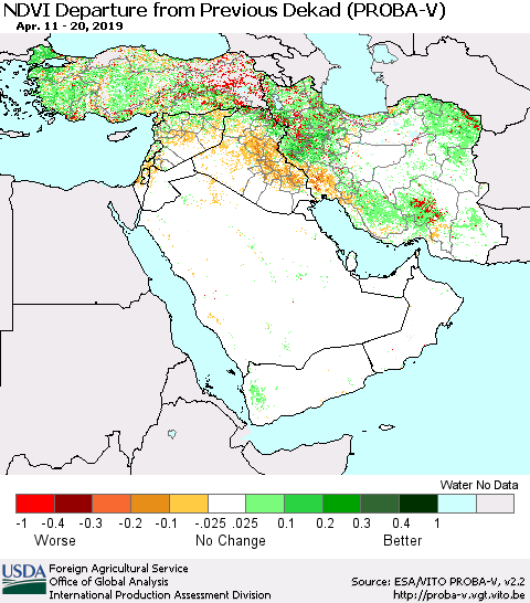 Middle East and Turkey NDVI Departure from Previous Dekad (PROBA-V) Thematic Map For 4/11/2019 - 4/20/2019