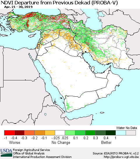 Middle East and Turkey NDVI Departure from Previous Dekad (PROBA-V) Thematic Map For 4/21/2019 - 4/30/2019