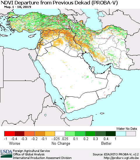 Middle East and Turkey NDVI Departure from Previous Dekad (PROBA-V) Thematic Map For 5/1/2019 - 5/10/2019