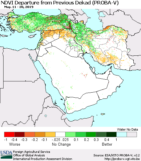 Middle East and Turkey NDVI Departure from Previous Dekad (PROBA-V) Thematic Map For 5/11/2019 - 5/20/2019
