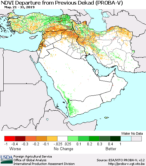 Middle East and Turkey NDVI Departure from Previous Dekad (PROBA-V) Thematic Map For 5/21/2019 - 5/31/2019