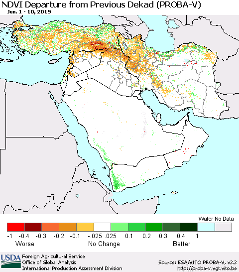 Middle East and Turkey NDVI Departure from Previous Dekad (PROBA-V) Thematic Map For 6/1/2019 - 6/10/2019
