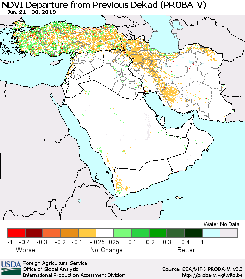 Middle East and Turkey NDVI Departure from Previous Dekad (PROBA-V) Thematic Map For 6/21/2019 - 6/30/2019