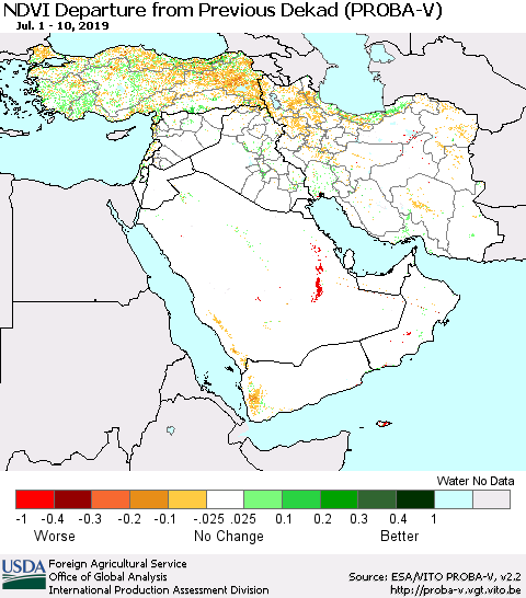 Middle East and Turkey NDVI Departure from Previous Dekad (PROBA-V) Thematic Map For 7/1/2019 - 7/10/2019