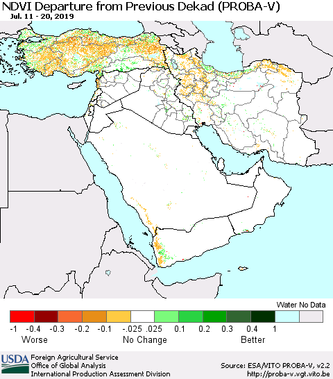 Middle East and Turkey NDVI Departure from Previous Dekad (PROBA-V) Thematic Map For 7/11/2019 - 7/20/2019