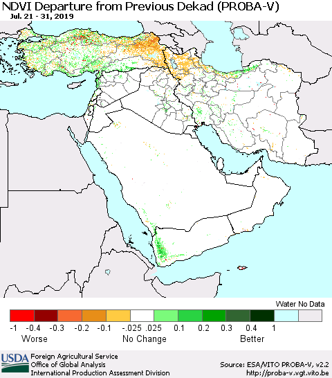 Middle East and Turkey NDVI Departure from Previous Dekad (PROBA-V) Thematic Map For 7/21/2019 - 7/31/2019