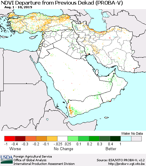 Middle East and Turkey NDVI Departure from Previous Dekad (PROBA-V) Thematic Map For 8/1/2019 - 8/10/2019