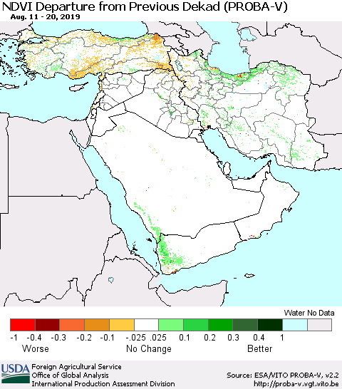 Middle East and Turkey NDVI Departure from Previous Dekad (PROBA-V) Thematic Map For 8/11/2019 - 8/20/2019
