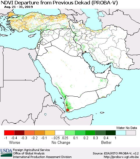 Middle East and Turkey NDVI Departure from Previous Dekad (PROBA-V) Thematic Map For 8/21/2019 - 8/31/2019