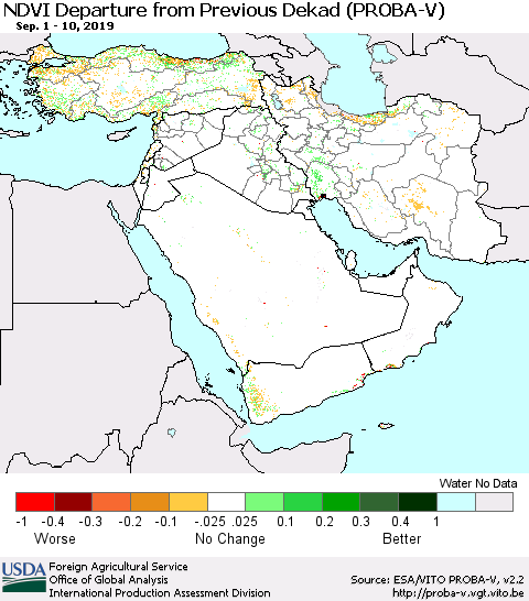 Middle East and Turkey NDVI Departure from Previous Dekad (PROBA-V) Thematic Map For 9/1/2019 - 9/10/2019