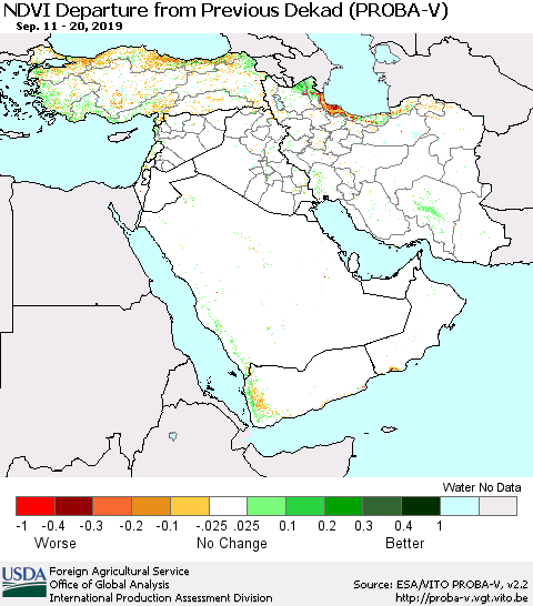 Middle East and Turkey NDVI Departure from Previous Dekad (PROBA-V) Thematic Map For 9/11/2019 - 9/20/2019