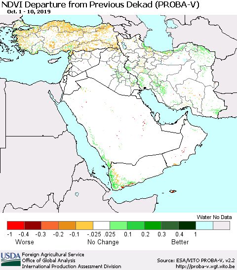 Middle East and Turkey NDVI Departure from Previous Dekad (PROBA-V) Thematic Map For 10/1/2019 - 10/10/2019