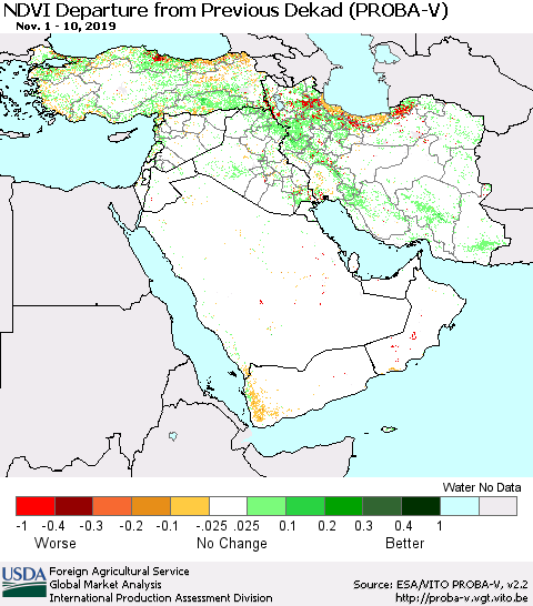 Middle East and Turkey NDVI Departure from Previous Dekad (PROBA-V) Thematic Map For 11/1/2019 - 11/10/2019