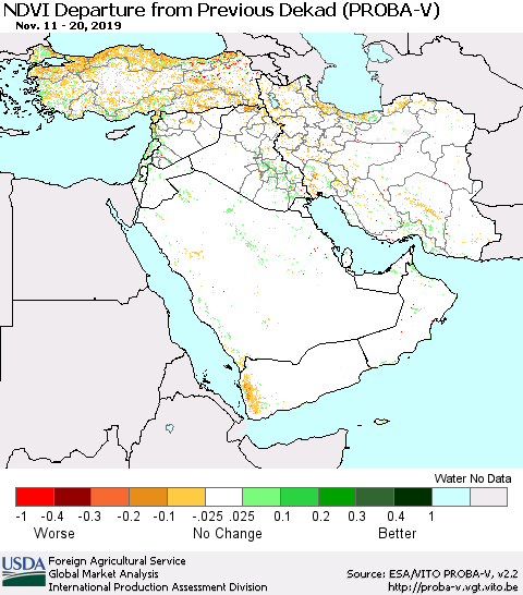 Middle East and Turkey NDVI Departure from Previous Dekad (PROBA-V) Thematic Map For 11/11/2019 - 11/20/2019