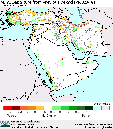 Middle East and Turkey NDVI Departure from Previous Dekad (PROBA-V) Thematic Map For 11/21/2019 - 11/30/2019