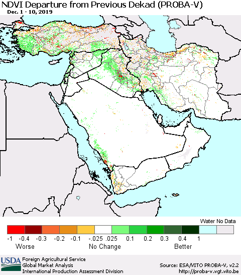 Middle East and Turkey NDVI Departure from Previous Dekad (PROBA-V) Thematic Map For 12/1/2019 - 12/10/2019