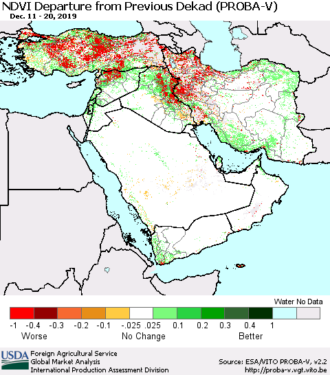 Middle East and Turkey NDVI Departure from Previous Dekad (PROBA-V) Thematic Map For 12/11/2019 - 12/20/2019
