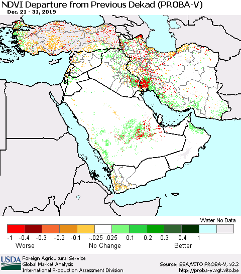 Middle East and Turkey NDVI Departure from Previous Dekad (PROBA-V) Thematic Map For 12/21/2019 - 12/31/2019