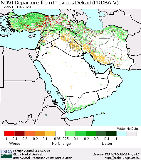 Middle East and Turkey NDVI Departure from Previous Dekad (PROBA-V) Thematic Map For 4/1/2020 - 4/10/2020
