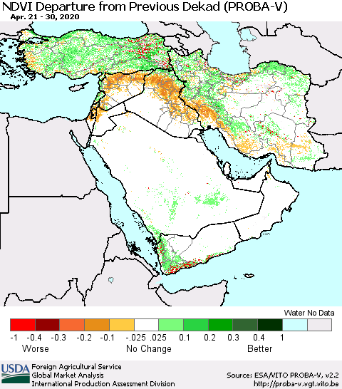 Middle East and Turkey NDVI Departure from Previous Dekad (PROBA-V) Thematic Map For 4/21/2020 - 4/30/2020